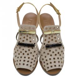 Pre Owned Fendi Beige Perforated Jute Bow Slingback Sandals Size 37