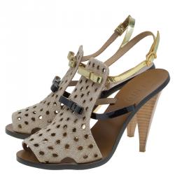 Pre Owned Fendi Beige Perforated Jute Bow Slingback Sandals Size 37