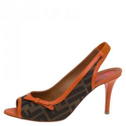 Pre Owned Fendi Brown Zucca Canvas and Orange Leather Bow Slingback Sandals Size 39