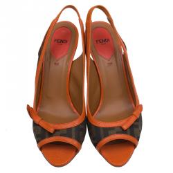 Pre Owned Fendi Brown Zucca Canvas and Orange Leather Bow Slingback Sandals Size 39