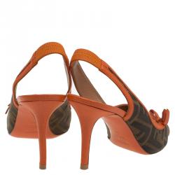Pre Owned Fendi Brown Zucca Canvas and Orange Leather Bow Slingback Sandals Size 39