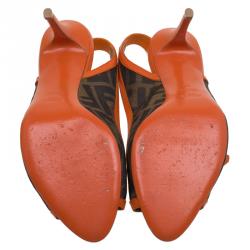 Pre Owned Fendi Brown Zucca Canvas and Orange Leather Bow Slingback Sandals Size 39
