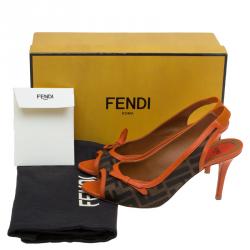 Pre Owned Fendi Brown Zucca Canvas and Orange Leather Bow Slingback Sandals Size 39
