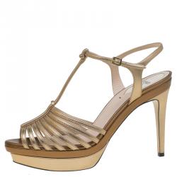 Fendi Bronze Leather T Bar Platform Sandals Size 39