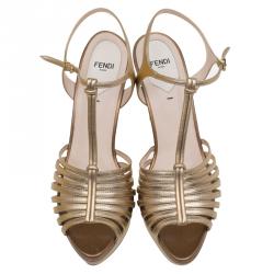 Fendi Bronze Leather T Bar Platform Sandals Size 39
