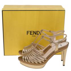 Fendi Bronze Leather T Bar Platform Sandals Size 39