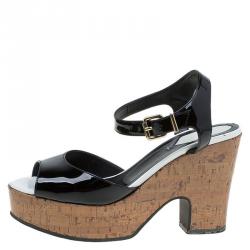 Pre Owned Fendi Black Patent Cork Platform Sandals Size 36