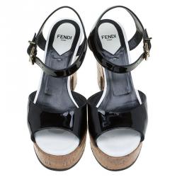 Pre Owned Fendi Black Patent Cork Platform Sandals Size 36