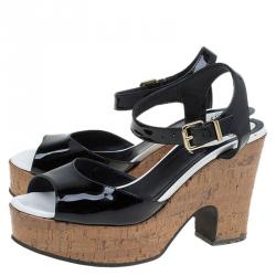 Pre Owned Fendi Black Patent Cork Platform Sandals Size 36