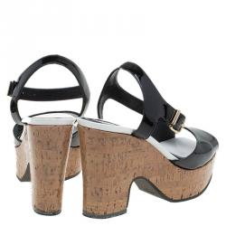 Pre Owned Fendi Black Patent Cork Platform Sandals Size 36