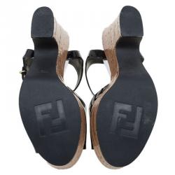 Pre Owned Fendi Black Patent Cork Platform Sandals Size 36