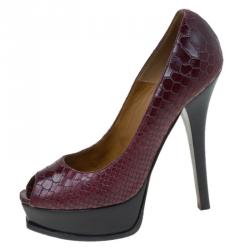 Pre Owned Fendi Bordeaux Snake Embossed Leather Fendista Peep Toe Platform Pumps Size 40