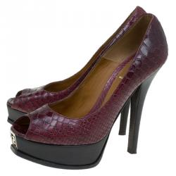 Pre Owned Fendi Bordeaux Snake Embossed Leather Fendista Peep Toe Platform Pumps Size 40