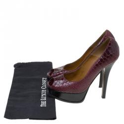 Pre Owned Fendi Bordeaux Snake Embossed Leather Fendista Peep Toe Platform Pumps Size 40