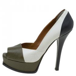 Pre Owned Fendi Tri Color Lizard Embossed Leather Fendista Peep Toe Platform Pumps Size 38