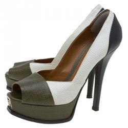 Pre Owned Fendi Tri Color Lizard Embossed Leather Fendista Peep Toe Platform Pumps Size 38