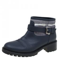 Pre Owned Fendi Dark Blue Leather and Ponyhair Cuff Ankle Boots Size 38