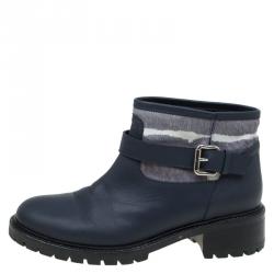Pre Owned Fendi Dark Blue Leather and Ponyhair Cuff Ankle Boots Size 38