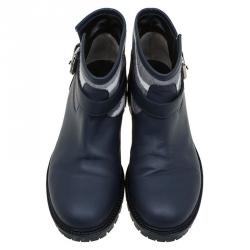 Pre Owned Fendi Dark Blue Leather and Ponyhair Cuff Ankle Boots Size 38