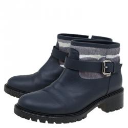 Pre Owned Fendi Dark Blue Leather and Ponyhair Cuff Ankle Boots Size 38
