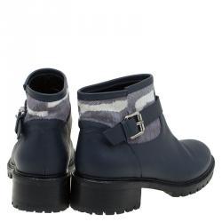 Pre Owned Fendi Dark Blue Leather and Ponyhair Cuff Ankle Boots Size 38