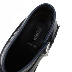 Pre Owned Fendi Dark Blue Leather and Ponyhair Cuff Ankle Boots Size 38