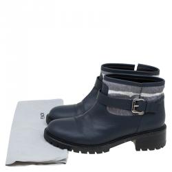 Pre Owned Fendi Dark Blue Leather and Ponyhair Cuff Ankle Boots Size 38