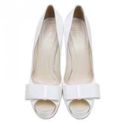 Pre Owned Fendi White Satin Bow Detail Platform Peep Toe Pumps Size 38.5