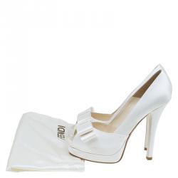 Pre Owned Fendi White Satin Bow Detail Platform Peep Toe Pumps Size 38.5