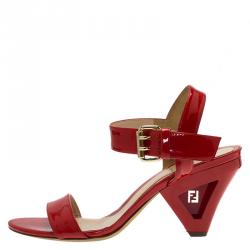 Pre Owned Fendi Red Patent Ankle Strap Sandals Size 38.5
