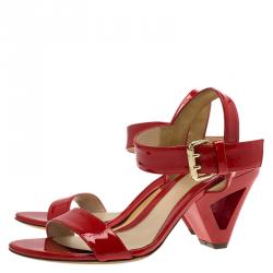 Pre Owned Fendi Red Patent Ankle Strap Sandals Size 38.5