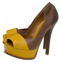 Pre Owned Fendi Two Tone Lizard Fendista Peep Toe Platform Pumps Size 37