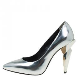 Pre Owned Fendi Metallic Silver Leather Diamond Heel Pumps Size 36