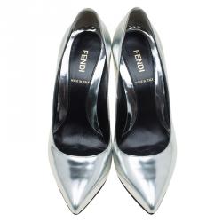 Pre Owned Fendi Metallic Silver Leather Diamond Heel Pumps Size 36