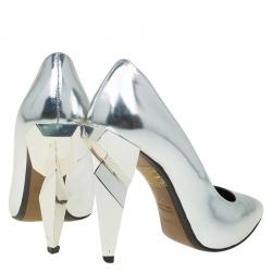 Pre Owned Fendi Metallic Silver Leather Diamond Heel Pumps Size 36