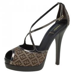 Pre Owned Fendi Zucchino Canvas Cross Strap Platform Sandals Size 40