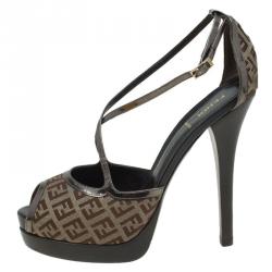 Pre Owned Fendi Zucchino Canvas Cross Strap Platform Sandals Size 40