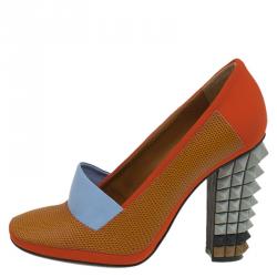 Pre Owned Fendi Multicolor Leather and Fabric Polifonia Court Studded Heel Pumps Size 37