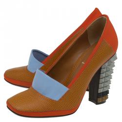 Pre Owned Fendi Multicolor Leather and Fabric Polifonia Court Studded Heel Pumps Size 37
