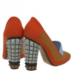 Pre Owned Fendi Multicolor Leather and Fabric Polifonia Court Studded Heel Pumps Size 37