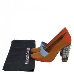 Pre Owned Fendi Multicolor Leather and Fabric Polifonia Court Studded Heel Pumps Size 37