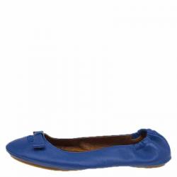 Pre Owned Fendi Blue Leather Let's Dance Bow Ballet Flats Size 38