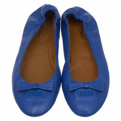 Pre Owned Fendi Blue Leather Let's Dance Bow Ballet Flats Size 38