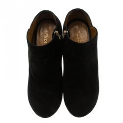 Pre Owned Fendi Black Suede Zucca Printed Pointed Heel Ankle Boots Size 36.5