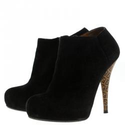 Pre Owned Fendi Black Suede Zucca Printed Pointed Heel Ankle Boots Size 36.5