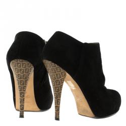Pre Owned Fendi Black Suede Zucca Printed Pointed Heel Ankle Boots Size 36.5