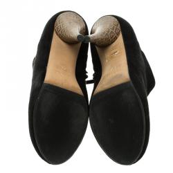 Pre Owned Fendi Black Suede Zucca Printed Pointed Heel Ankle Boots Size 36.5