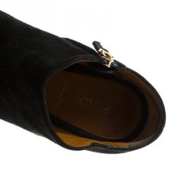 Pre Owned Fendi Black Suede Zucca Printed Pointed Heel Ankle Boots Size 36.5