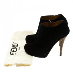 Pre Owned Fendi Black Suede Zucca Printed Pointed Heel Ankle Boots Size 36.5