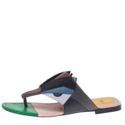 Pre Owned Fendi Multicolor Leather Bug Monster Thong Sandals Size 38.5